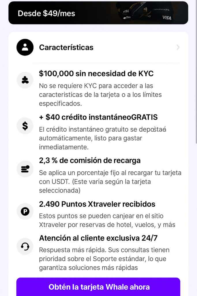 Condiciones de visa sin KYC criptomonedas XKARD Whale
